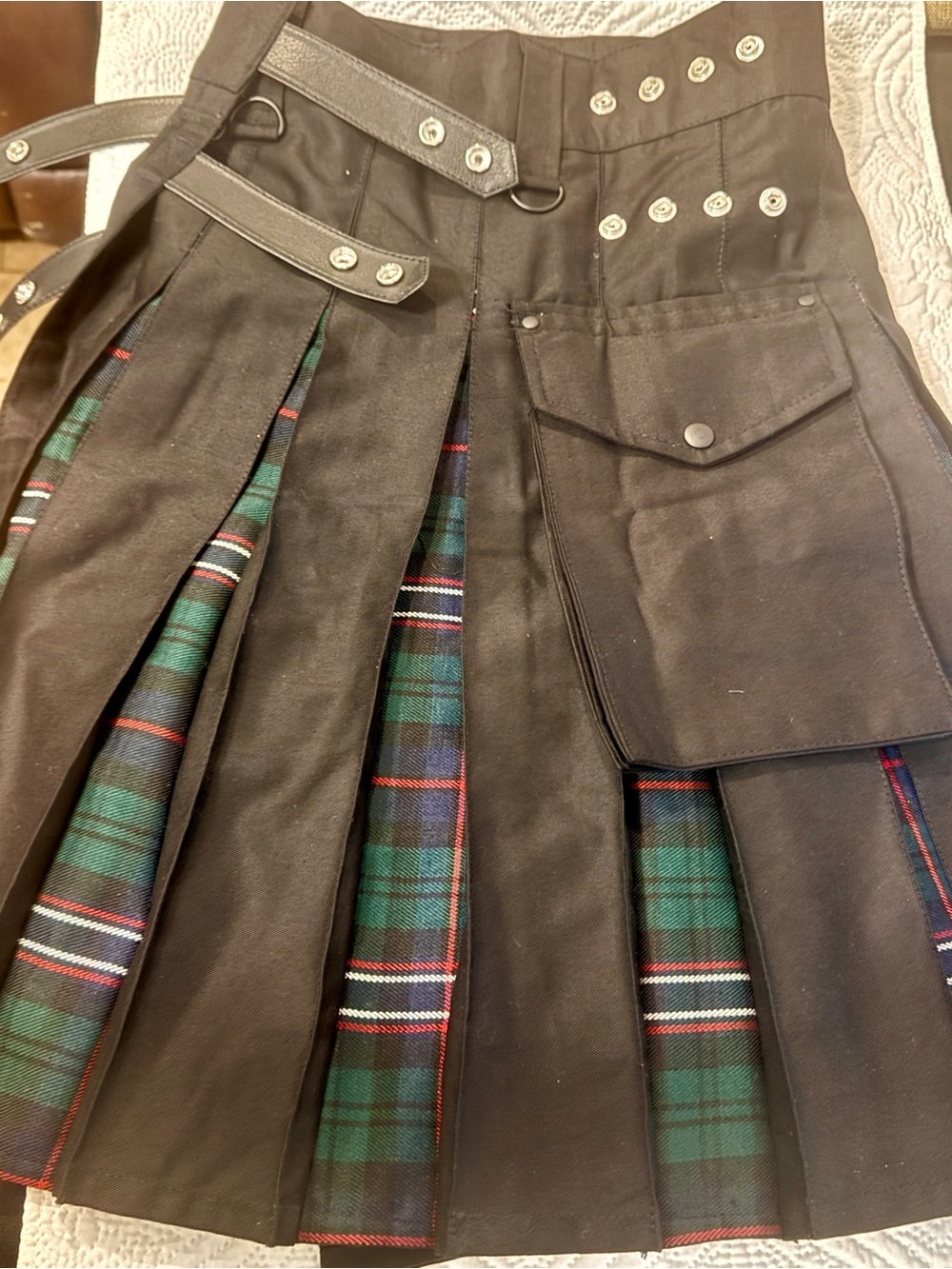 Black Men's Utility Kilt with Green Tartan Pleats